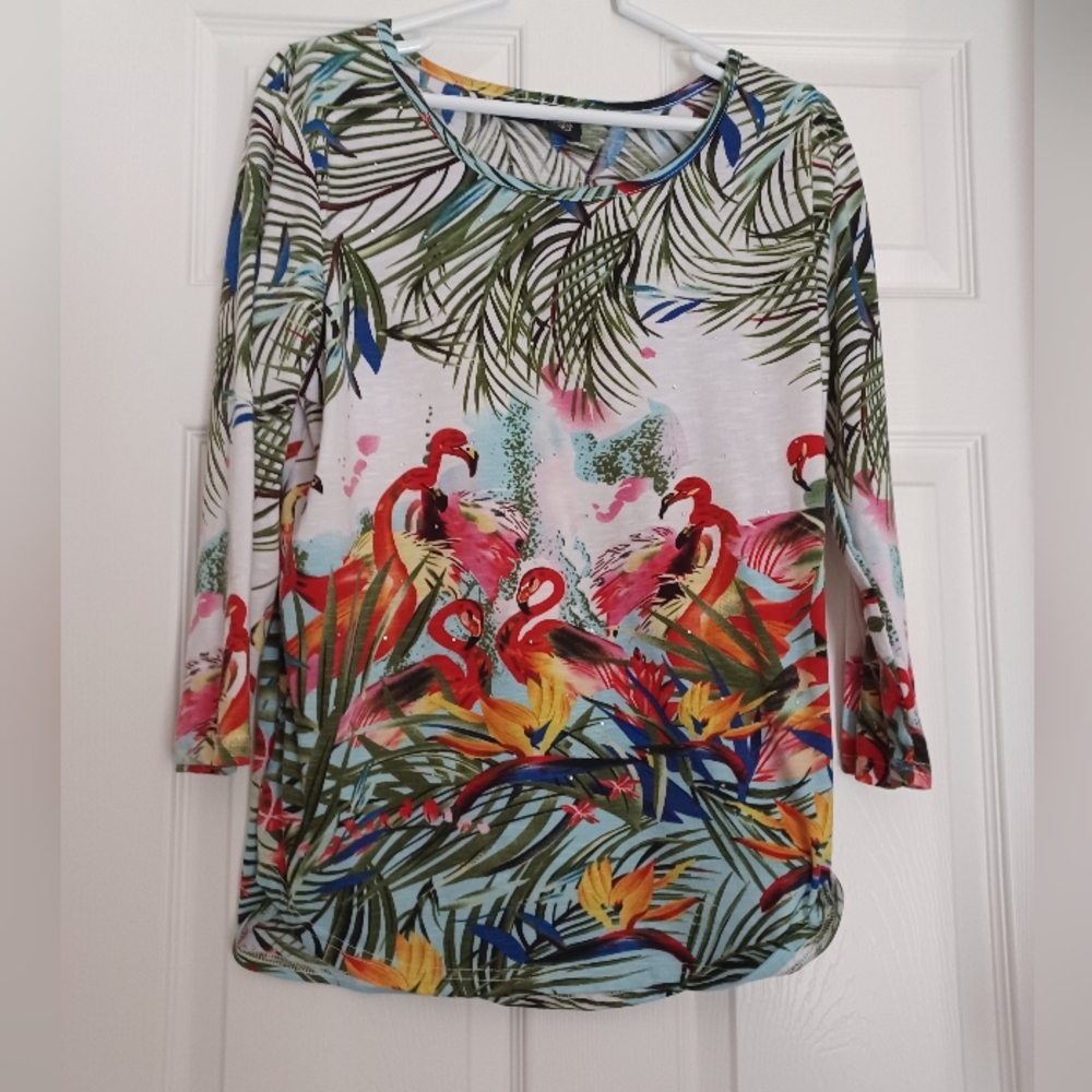 Sara Studios Womens Size XL Cotton/ Viscose Tropical Flamingos 3/4 Sleeve Top